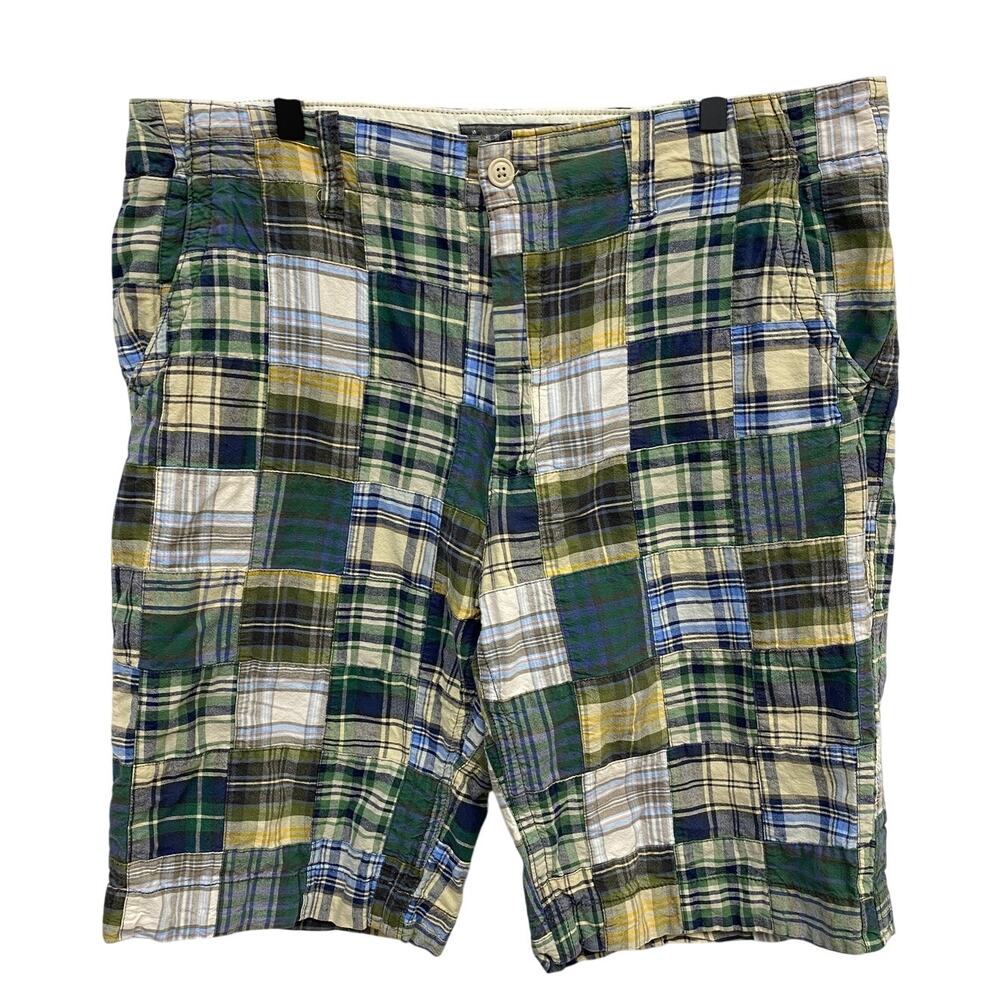 ~Old Navy Bermuda Shorts Mens 36 Preppy Madras Plaid Green Blue Ivory Patchwork